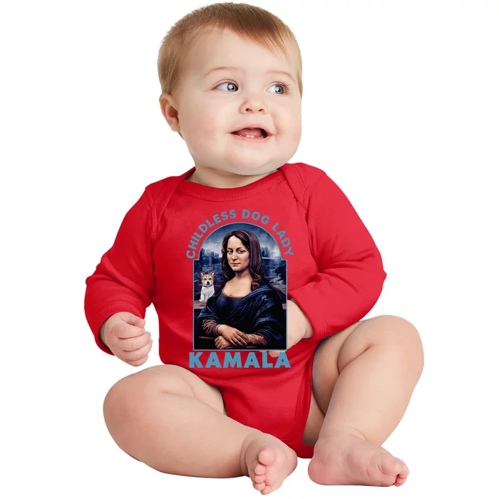 Childless Dog Ladies Vote Blue Mona Lisa With Dog Loves 2024 Baby Long Sleeve Bodysuit