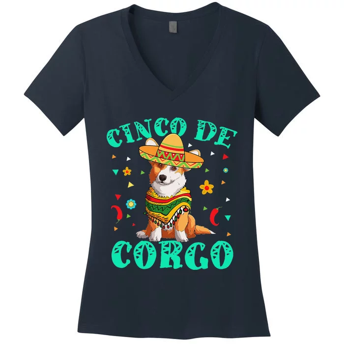 Cinco De Mayo Corgi Dog With A Poncho & Mexican Hat Women's V-Neck T-Shirt