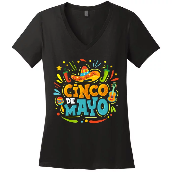 Cinco De Mayo Funny Mexican Sombrero Maracas With Tacos Women's V-Neck T-Shirt