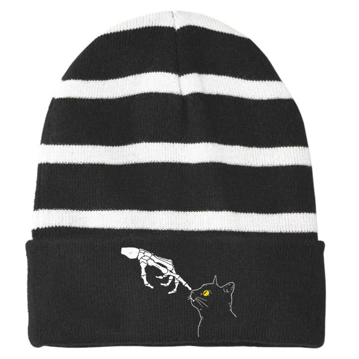 Cat Dad Mom Black Cat Lover Skeleton Hand Funny Halloween Striped Beanie with Solid Band