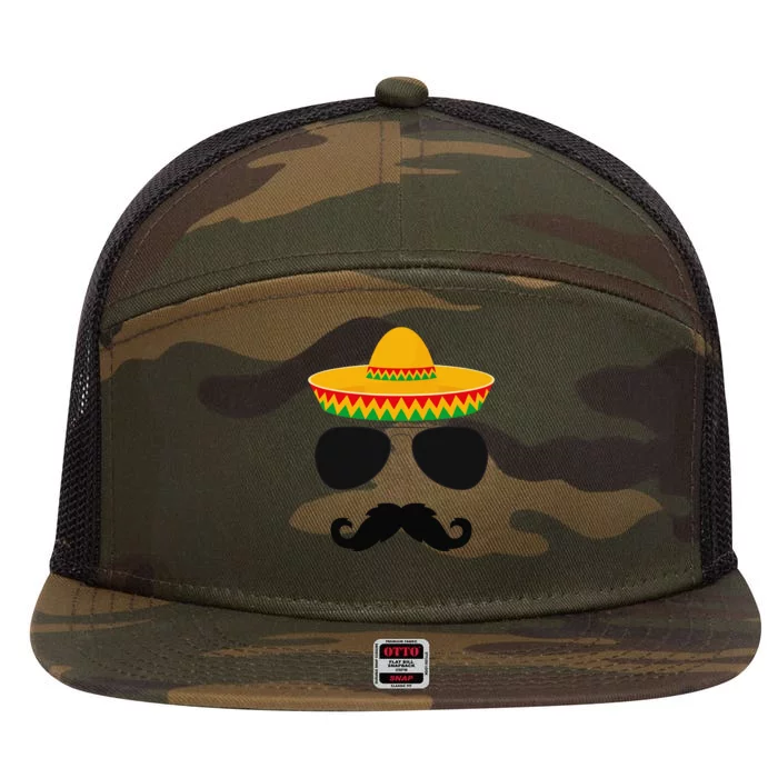 Cinco De Mayo Party Shirts Funny Cinco De Mayo Mustache Face 7 Panel Mesh Trucker Snapback Hat