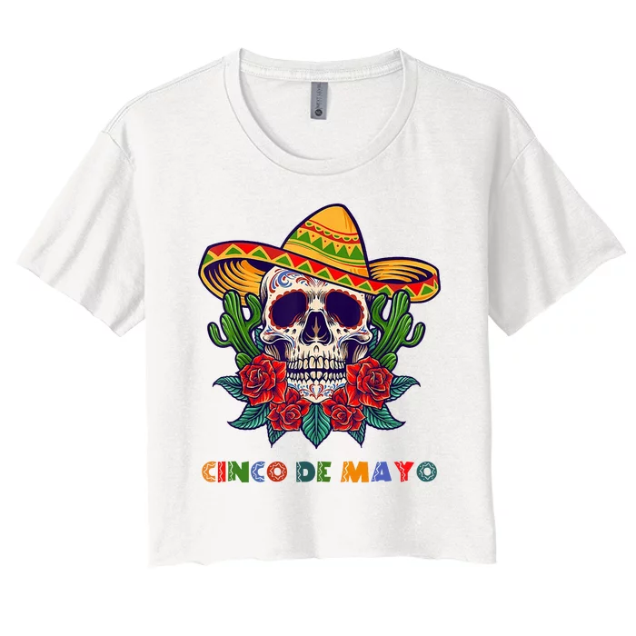 Cinco De Mayo Skull Floral Celebration Women's Crop Top Tee