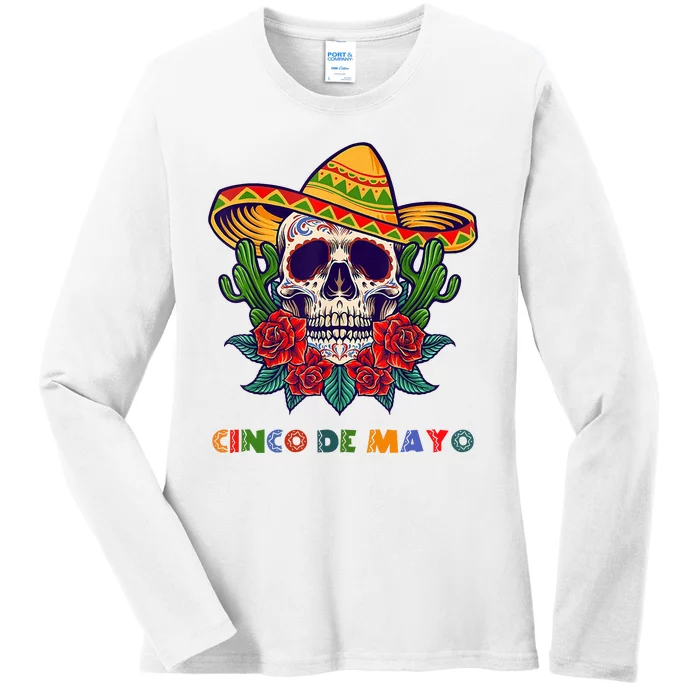 Cinco De Mayo Skull Floral Celebration Ladies Long Sleeve Shirt