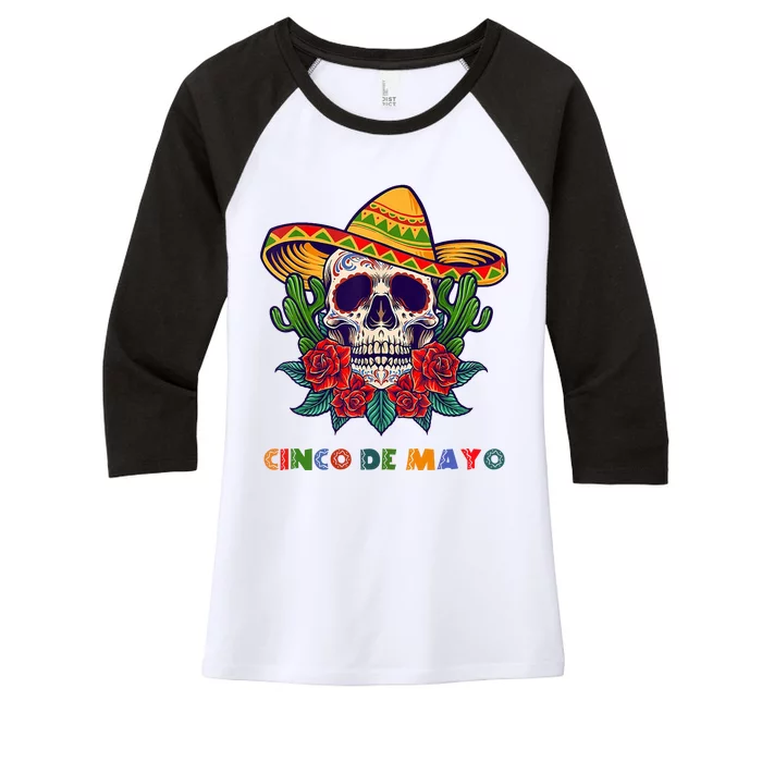 Cinco De Mayo Skull Floral Celebration Women's Tri-Blend 3/4-Sleeve Raglan Shirt