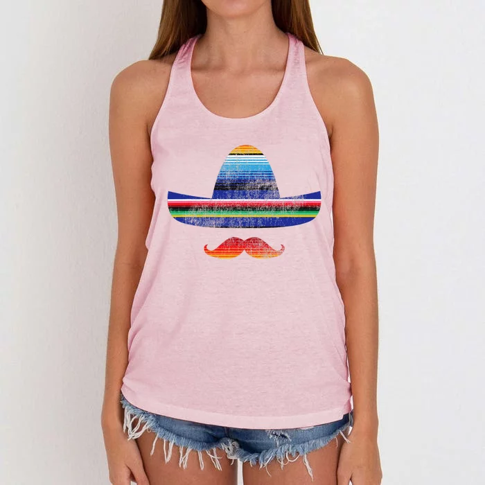 Cinco De Mayo Serape Blanket Inspired Sombrero Mustache Women's Knotted Racerback Tank