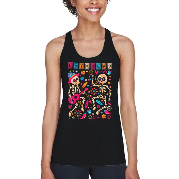 Colorful Dancing Mexican Skeletons Cute Day Of The Dead Women's Racerback Tank