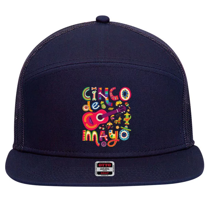 Cinco De Mayo Mexican Taco Guitar Fiesta Cinco De Mayo 7 Panel Mesh Trucker Snapback Hat