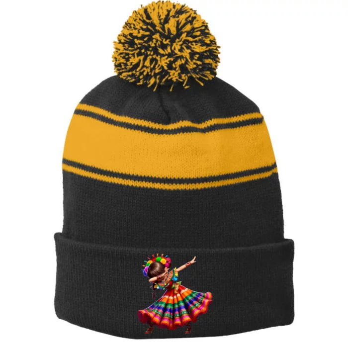 Cinco De Mayo Funny Mexican Dabbing Woman Cinco De Mayo Stripe Pom Pom Beanie