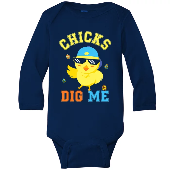 Chicks Dig Me Happy Easter Egg Hunt Funny Baby Long Sleeve Bodysuit