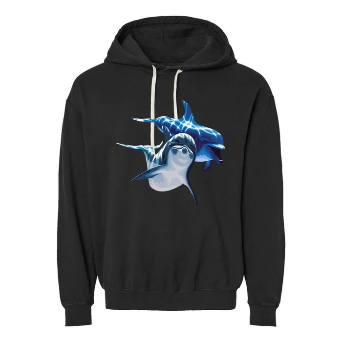 Cute Dolphins Making Splashing Garment-Dyed Fleece Hoodie