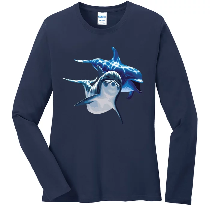 Cute Dolphins Making Splashing Ladies Long Sleeve Shirt