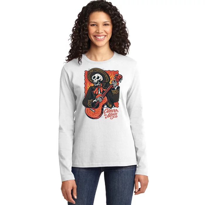 Cinco De Mayo Skeleton Guitar Ladies Long Sleeve Shirt