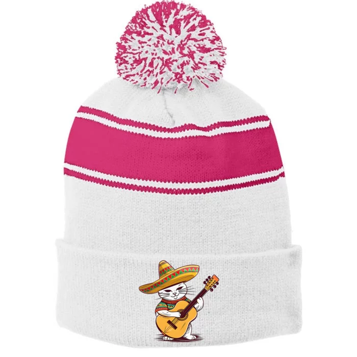 Cinco De Mayo Cat Sombrero Guitar Cute Mexican Cat Classic Stripe Pom Pom Beanie