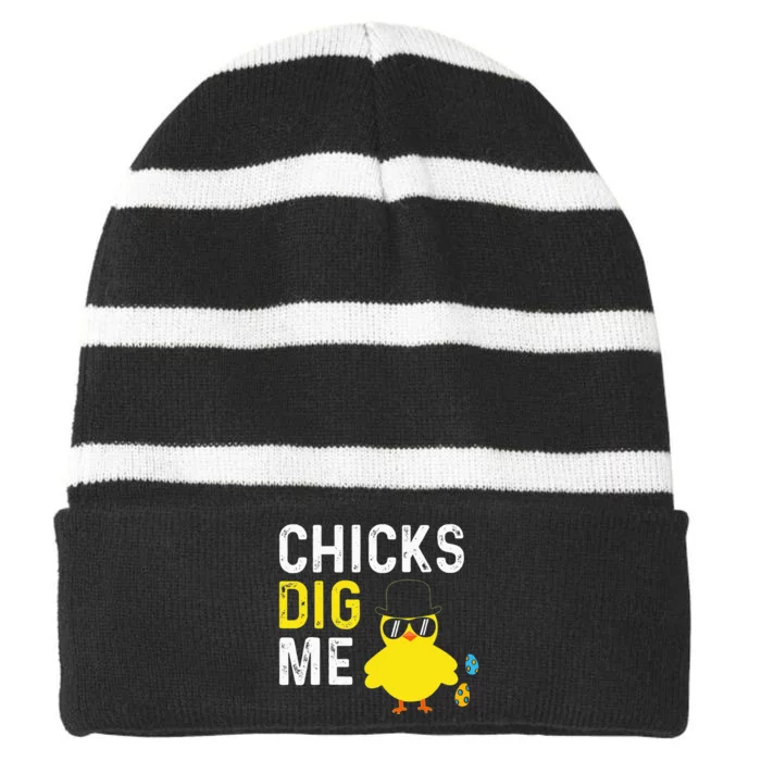 Chicks Dig Me Happy Easter Egg Hunt Funny Striped Beanie with Solid Band