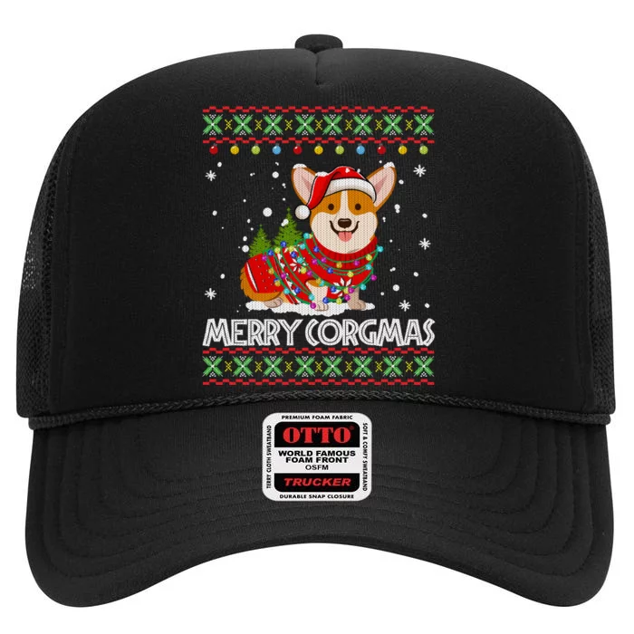 Corgi Dog Merry Corgmas Santa Corgi Ugly Christmas Sweater Long Sleeve High Crown Mesh Trucker Hat