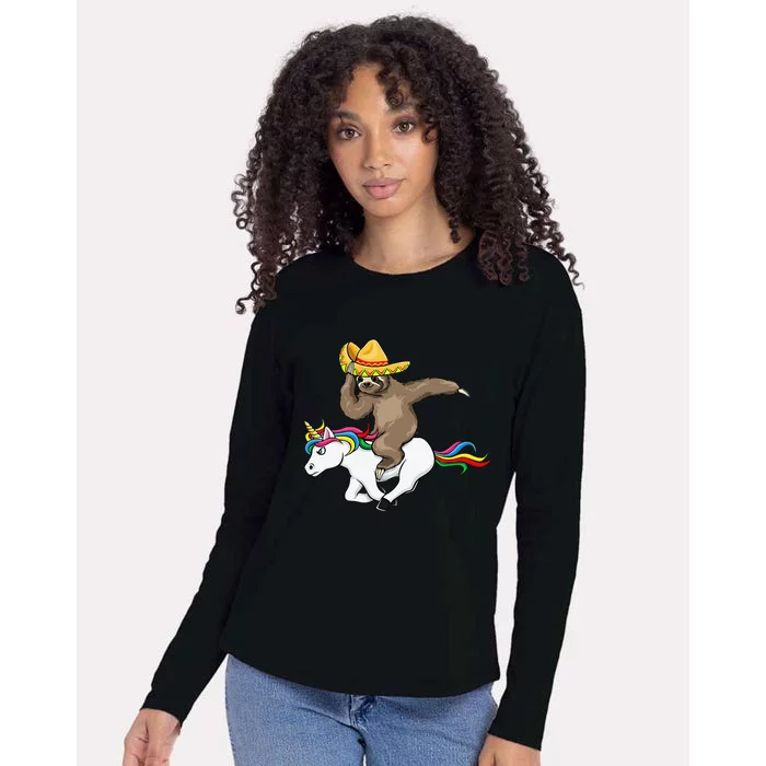 Cinco De Mayo Funny Sloth Riding Unicorn Womens Cotton Relaxed Long Sleeve T-Shirt