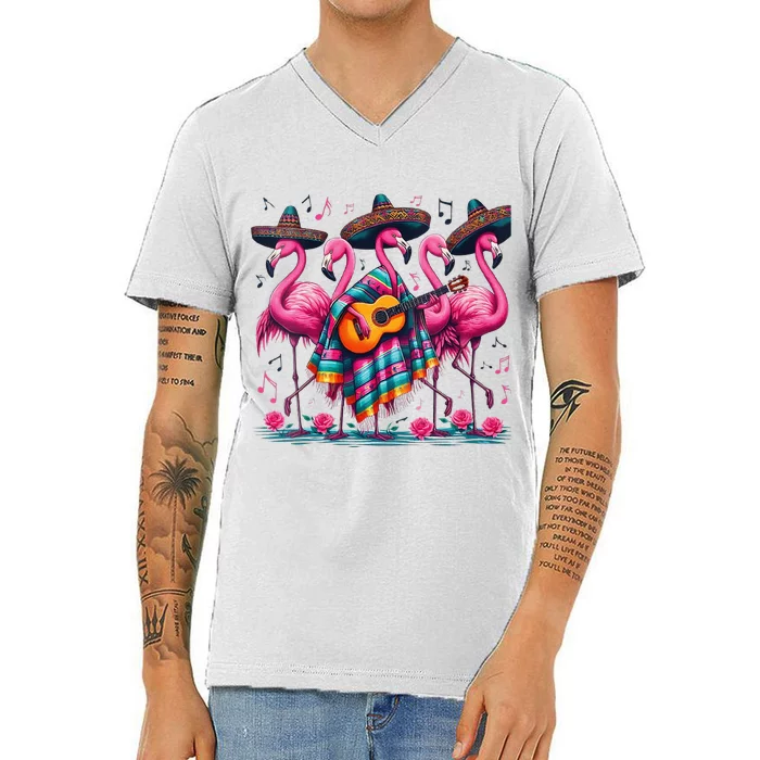 Cinco De Mayo Mexican Fiesta Flamingo Guitar Poncho Sombrero V-Neck T-Shirt