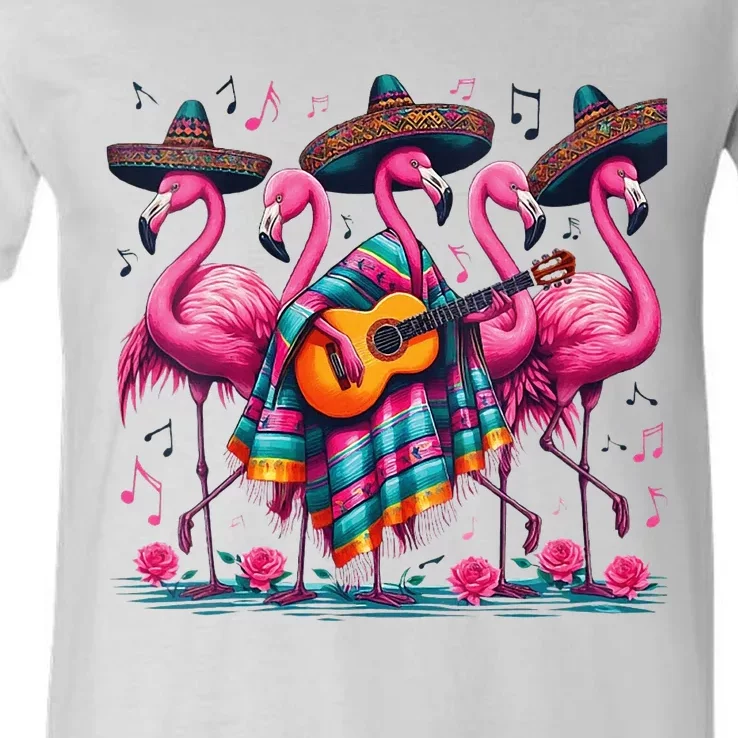 Cinco De Mayo Mexican Fiesta Flamingo Guitar Poncho Sombrero V-Neck T-Shirt