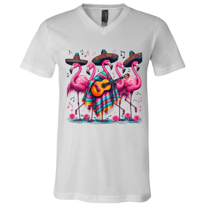 Cinco De Mayo Mexican Fiesta Flamingo Guitar Poncho Sombrero V-Neck T-Shirt