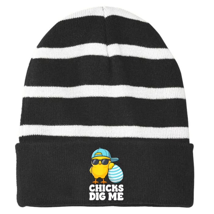 Chicks Dig Me Easter Happy Easter Funny Striped Beanie with Solid Band