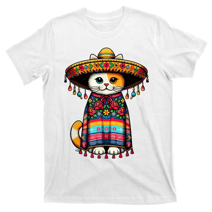 Cinco De Mayo Funny Mexican Cat Sombrero Poncho T-Shirt