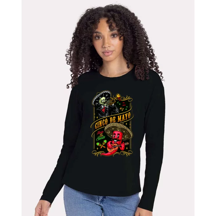 Cinco De Mayo Fiesta And Then Siesta Skeleton Pepper Music Womens Cotton Relaxed Long Sleeve T-Shirt