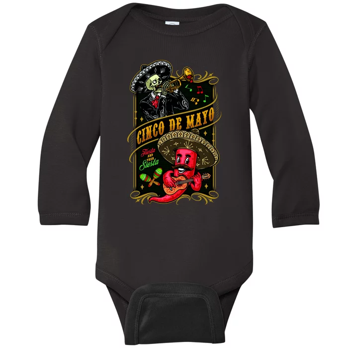 Cinco De Mayo Fiesta And Then Siesta Skeleton Pepper Music Baby Long Sleeve Bodysuit