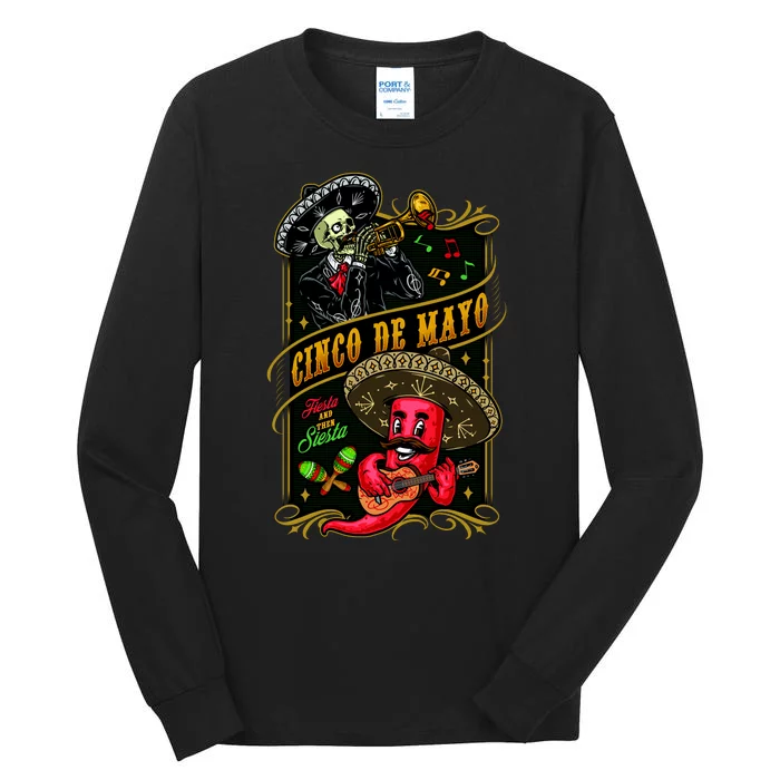 Cinco De Mayo Fiesta And Then Siesta Skeleton Pepper Music Tall Long Sleeve T-Shirt