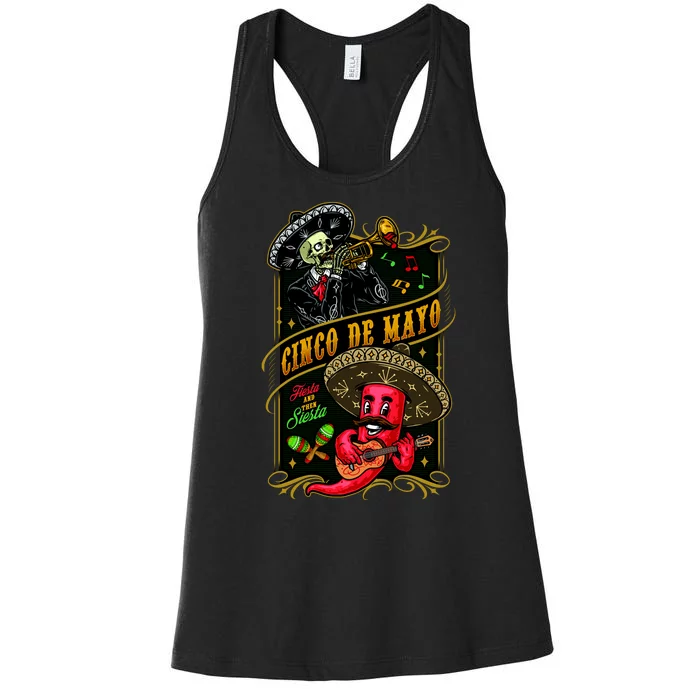 Cinco De Mayo Fiesta And Then Siesta Skeleton Pepper Music Women's Racerback Tank