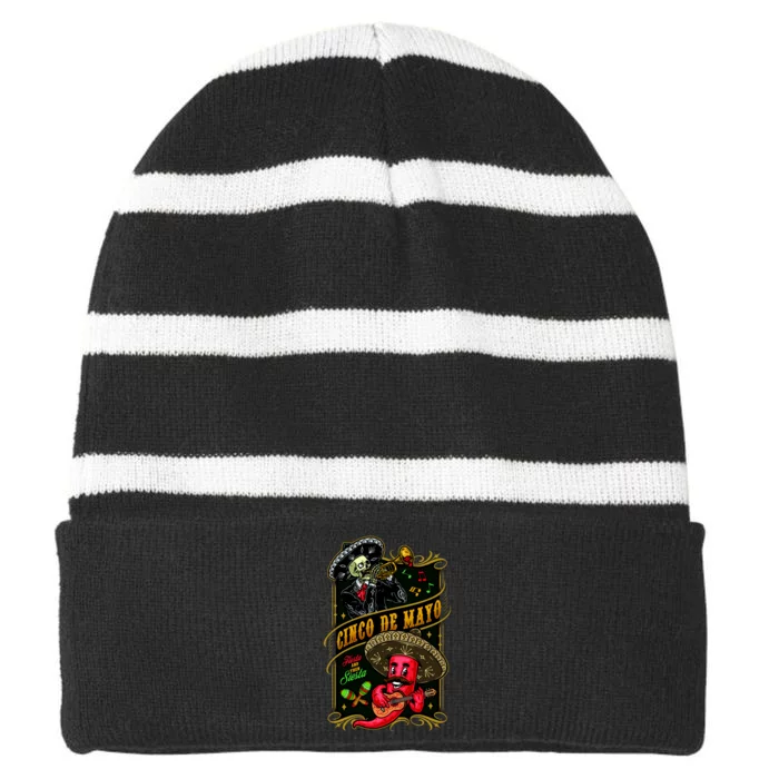 Cinco De Mayo Fiesta And Then Siesta Skeleton Pepper Music Striped Beanie with Solid Band