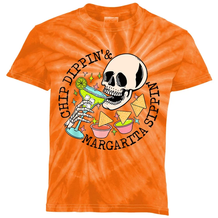 Chip Dippin Margarita Sippin Funny Skull Skeleton Kids Tie-Dye T-Shirt