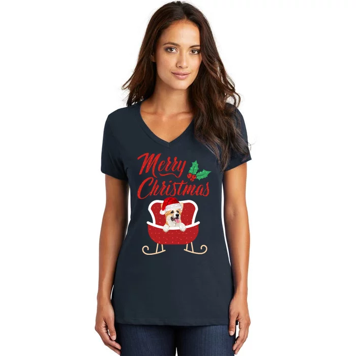 Corgi Dog Merry Christmas Design For The Holiday Season! Women's V-Neck T-Shirt