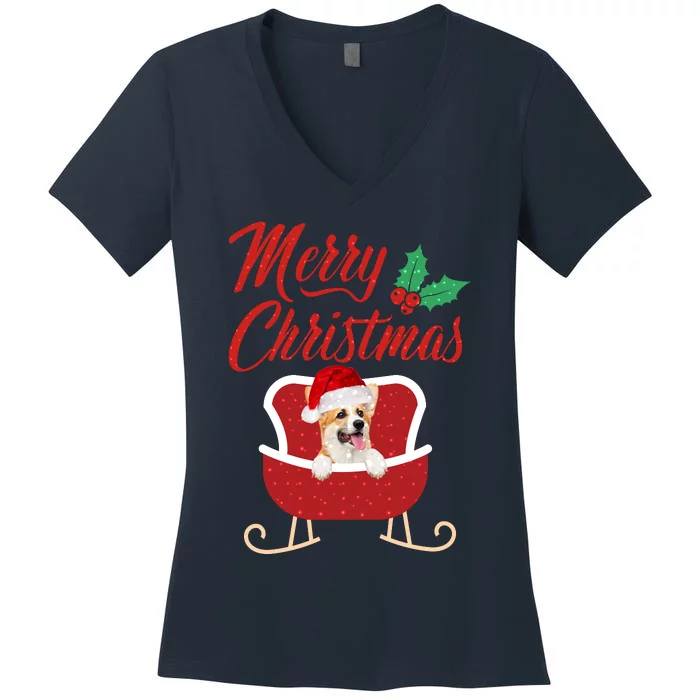 Corgi Dog Merry Christmas Design For The Holiday Season! Women's V-Neck T-Shirt