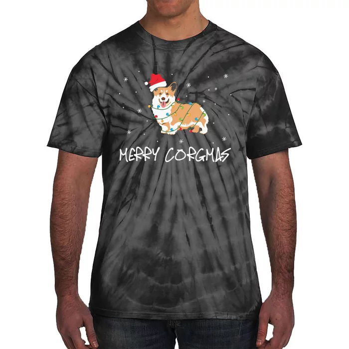 Corgi Dog Merry Corgmas Santa Hat Christmas Light Tie-Dye T-Shirt