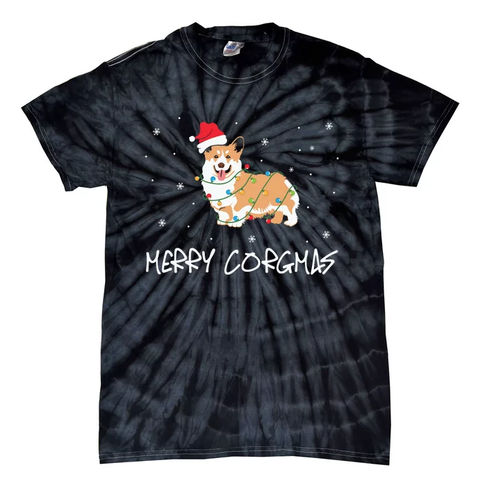 Corgi Dog Merry Corgmas Santa Hat Christmas Light Tie-Dye T-Shirt