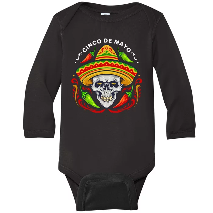 Cinco De Mayo Hot Chili Peppers Skull Baby Long Sleeve Bodysuit