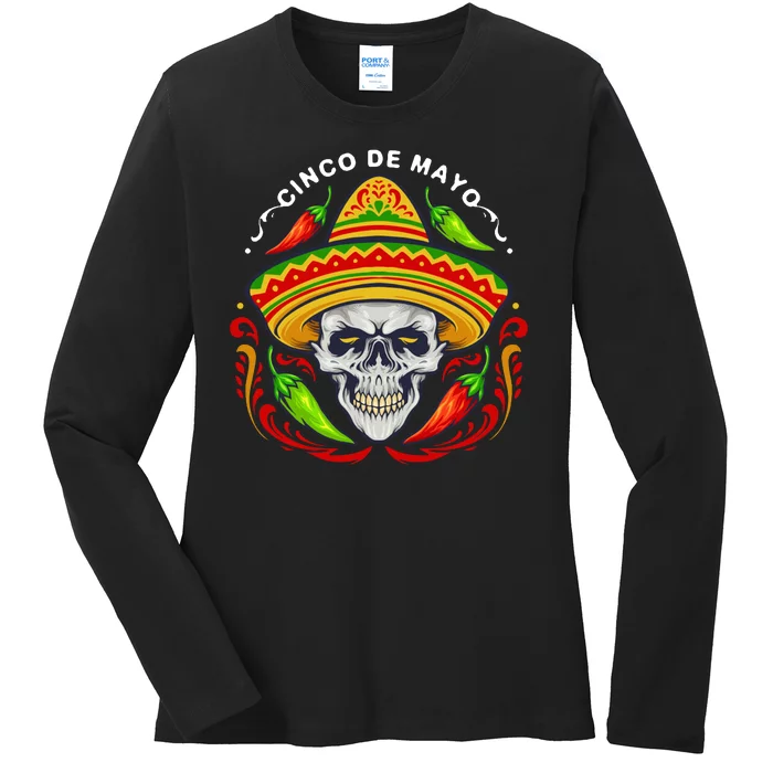 Cinco De Mayo Hot Chili Peppers Skull Ladies Long Sleeve Shirt