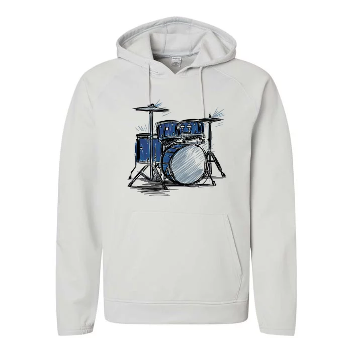 Cool Drummer Music Design Featuring A Sketch Of A Drum Kit Gift Performance Fleece Hoodie