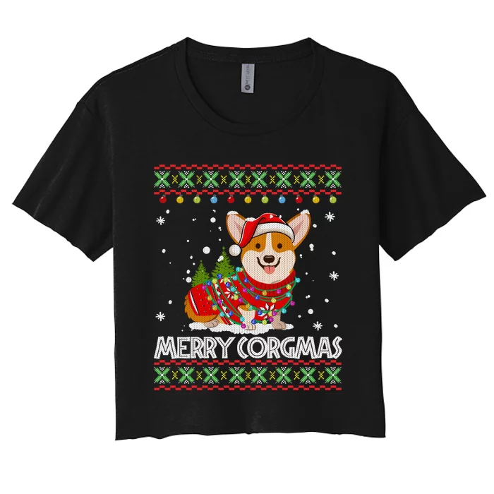 Corgi Dog Merry Corgmas Santa Corgi Ugly Christmas Sweater Women's Crop Top Tee