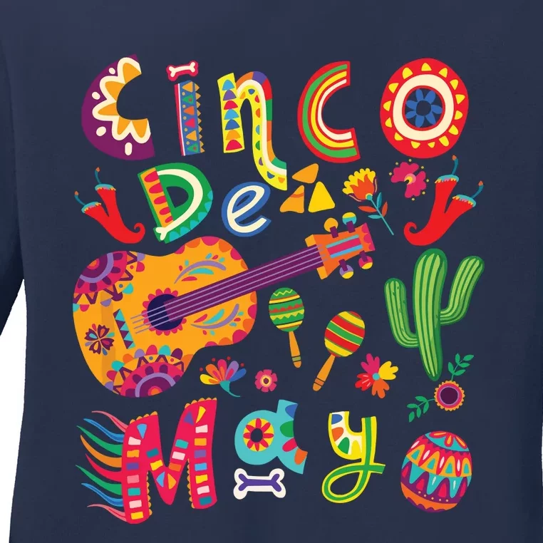 Cinco De Mayo Mexican Fiesta Cool Guitar Cactus Ladies Long Sleeve Shirt