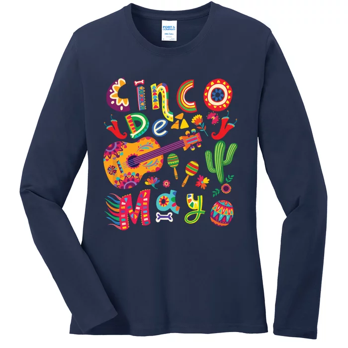 Cinco De Mayo Mexican Fiesta Cool Guitar Cactus Ladies Long Sleeve Shirt