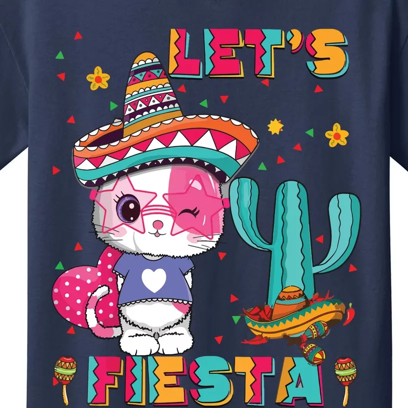 Cinco De Mayo Meow Lets Fiesta Mexican Cactus Cute Cat Kids T-Shirt