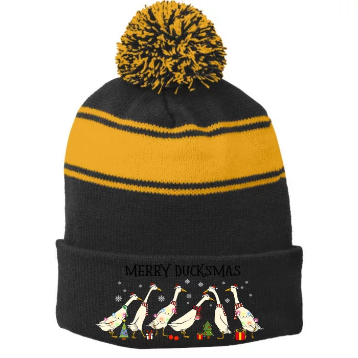 Christmas Duck Merry Duckmas Merry Christmas Holiday Season Stripe Pom Pom Beanie