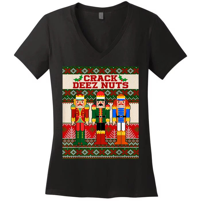 Crack Deez Nuts Nutcracker Ugly Christmas Sweater Funny Xmas Women's V-Neck T-Shirt