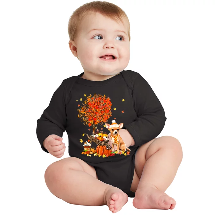 Chihuahua Dog Pumpkin Autumn Fall Maple Leaf Thanksgiving Baby Long Sleeve Bodysuit