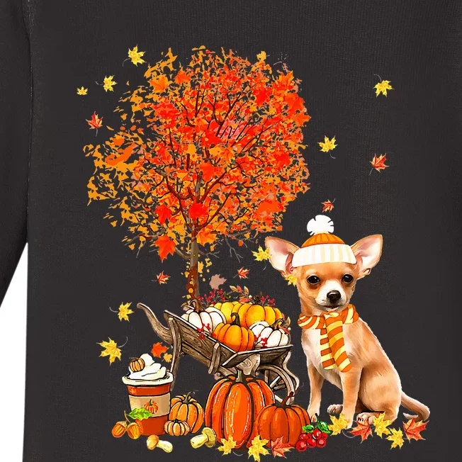 Chihuahua Dog Pumpkin Autumn Fall Maple Leaf Thanksgiving Baby Long Sleeve Bodysuit