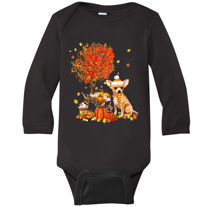 Chihuahua Dog Pumpkin Autumn Fall Maple Leaf Thanksgiving Baby Long Sleeve Bodysuit