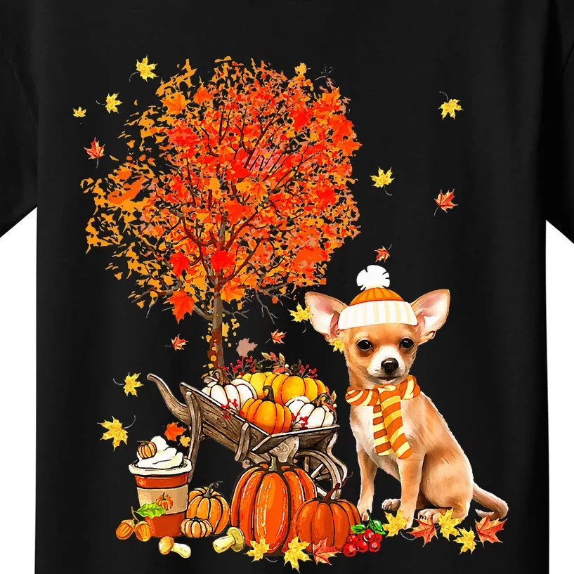 Chihuahua Dog Pumpkin Autumn Fall Maple Leaf Thanksgiving Kids T-Shirt