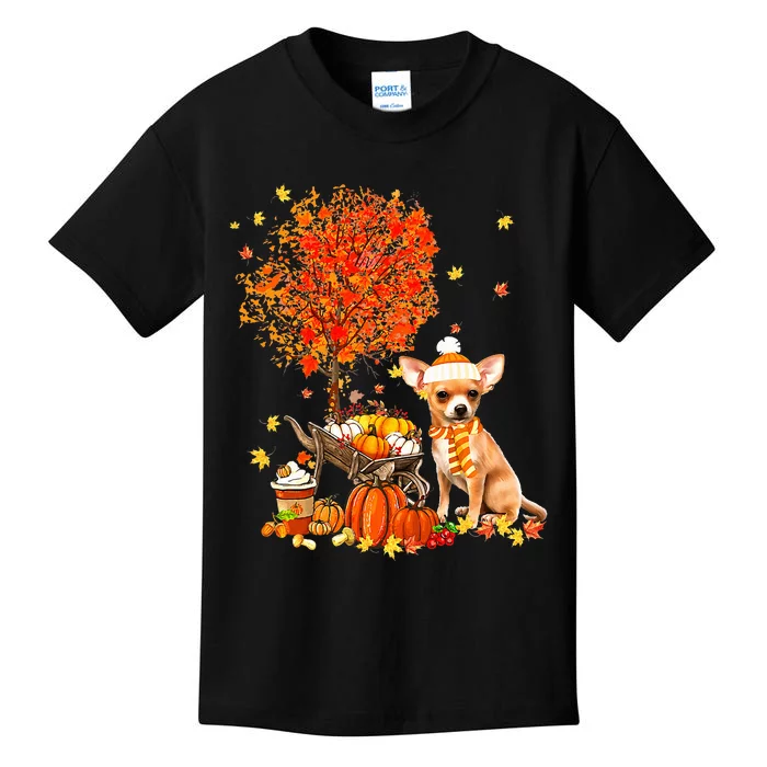 Chihuahua Dog Pumpkin Autumn Fall Maple Leaf Thanksgiving Kids T-Shirt