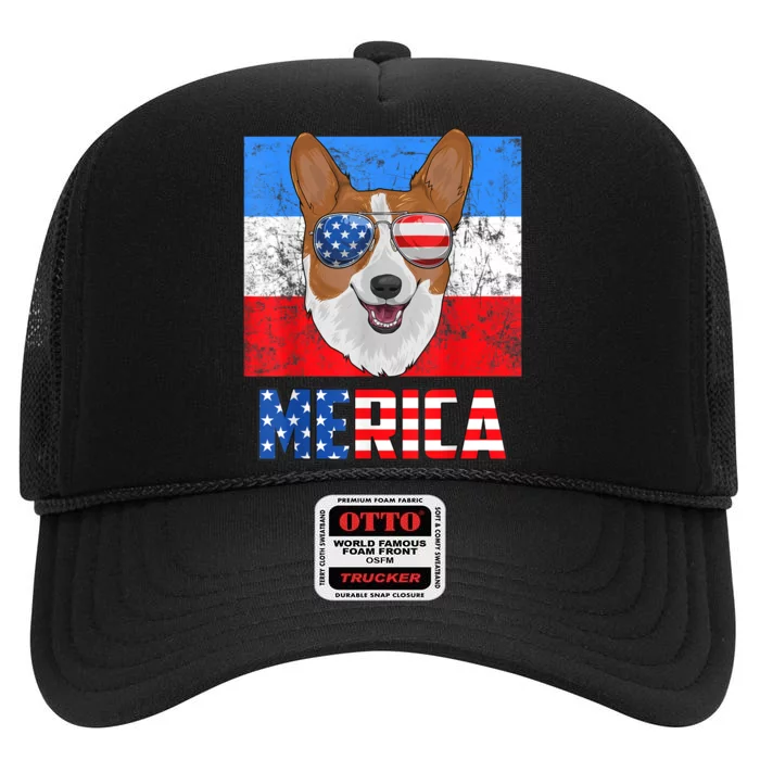 Corgi Dog Patriotic USA 4th Of July American Flag Merica High Crown Mesh Trucker Hat